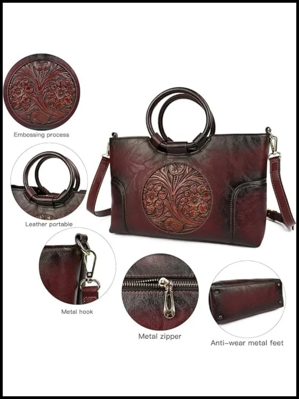 Vintage Faux Leather Satchel Tote Handbag with Detachable Strap